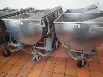 2 off Alpma KBA 400 Litre Stainless Steel Twin Compartment Pneumatic Cheese Curd Filling Vat