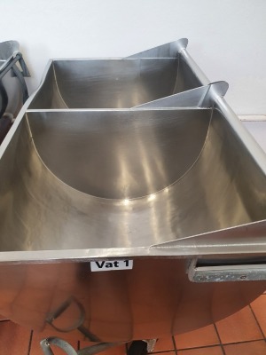 2 off Alpma KBA 400 Litre Stainless Steel Twin Compartment Pneumatic Cheese Curd Filling Vat - 2