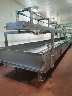 Stainless Steel Cooling/Draining/Cutting Table 13100mm x 1800mm x 400mm - 2500mm Overall Height with APV 2-2.5-9 Puma Pump and Balance Tank