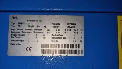 2012 ABAC Genesis 11 270 Air Compressor/Drier with Air Cylinder 8 Bar Max Pressure - 2