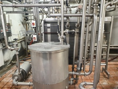14-15000 Litre per Hour Whey Pasteuriser comprising - APV type N35 Plate Heat Exchanger with 3 Grids and Approximately 245 Plates, 2 off APV 2-3-9 Puma Pumps, Stainless Steel Balance Tank, Interconnecting Pipework Valves and Controls