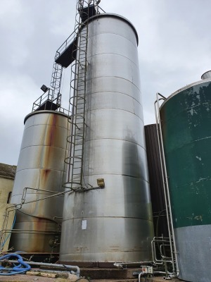Stainless Steel 130,000 Litre Vertical Cylindrical Single Skin Silo - 13500mm x 3750mm Diameter