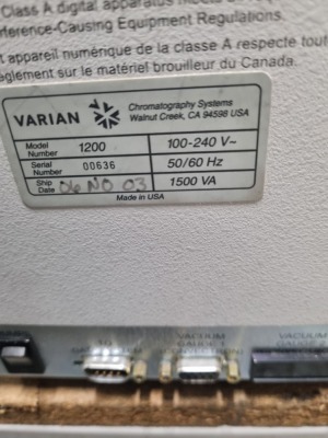 Varian model CP3800 Gas Chromatograph with Varian CP8400 Autosampler and Varian /Bruker 1200 Quadrupole MS/MA Mass Spectrometer - 12