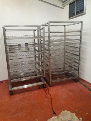Bastra 12000 Stainless Steel Single Rack Through Door Smoker with Smoke Box Controls and 2 off Trolleys - External Dimensions 1650mm x 1200mm x 2700mm Tall, Internal Dimensions - 1000mm x 1000mm x 2000mm Tall - 5